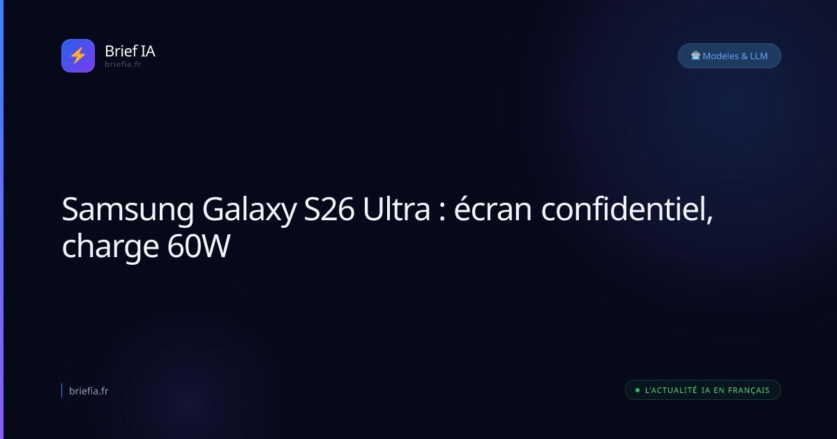 Brief IA : Samsung Galaxy S26 Ultra : écran confidentiel, charge 60W